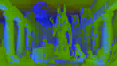 Anubis vigila una tumba egipcia bajo el cielo nocturno, rodeado de estatuas de piedra y jeroglíficos.