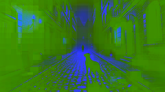 A black dog standing in a dimly lit alley at night, with cobblestones and shadows from surrounding buildings