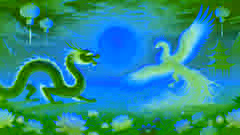 El Dragón de Jade y el Fénix Dorado se encuentran en un campo dorado, intercambiando una mirada curiosa bajo el sol poniente.
