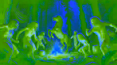 Los centauros se regocijan en un bosque griego, bebiendo y bailando alrededor de una fogata bajo un cielo iluminado por la luna.