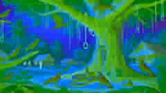 Las águilas dejan caer un collar en el agujero de una serpiente, al pie de un árbol banyan, con una aldea en el fondo.
