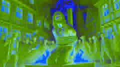 Ahasuerus attaché à une potence, entouré de villageois effrayés, sous une pleine lune dans un village médiéval.