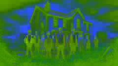 Siete niños se reúnen nerviosamente frente a una casa espeluznante y en ruinas en Derry, bajo un cielo oscuro y nublado.