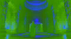 Elara extiende la mano hacia un amuleto cristalino resplandeciente en un templo tenuemente iluminado adornado con antiguas esculturas en la cima de la montaña.