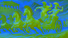Pelops y el rey Oenomaus compitiendo en una carrera de carros en la antigua Grecia, con una feroz competencia entre ellos.