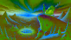 El Grinch en el monte Crumpit al amanecer, mirando hacia abajo a los Who que cantan en Villa Quién mientras su trineo se balancea al borde.