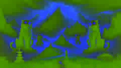 Three glowing tiger statues guard the sacred mountain plateau as the farmer faces his divine trial.