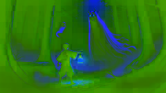 Kenta confronts a glowing-eyed yurei in a misty forest clearing as Yumi's head hovers nearby, stopped mid-air.
