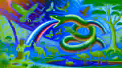 The Rainbow Serpent creating animals and painting the landscape with vibrant colors in an ancient Australian setting.