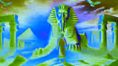 Philon affronte le Sphinx dans le désert, répondant à son énigme alors que le soleil se couche derrière les pyramides lointaines.