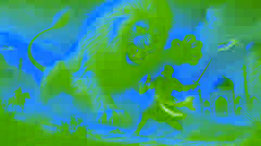 Esfandiyar raises his sword to strike a massive lion with a golden mane in the desert during his first labor.