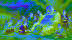 The Laughing Buddha sitting under a tree surrounded by children as he pulls a toy from his sack.