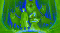 A pack of black wolves with glowing golden eyes encircles two figures in Germany's Black Forest.
