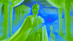 El rey Rostam emerge del templo al amanecer, bañado en luz dorada, simbolizando un nuevo comienzo y paz interior.