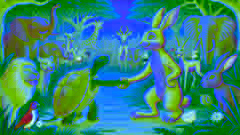 La Tortuga y la Liebre dándose la mano después de la carrera, rodeados de animales animando en un claro del bosque africano.