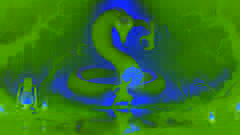 A farmer wields a glowing talisman to fight a giant black serpent spirit in a shadowy marshland.