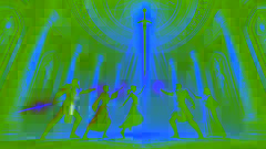 The adventurers reach toward the glowing Spear of Destiny in an ancient chamber