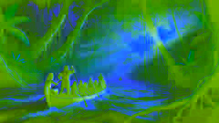 Ana und die Dorfbewohner paddeln bei Morgengrauen mit ihrem Kanu durch den dichten Amazonas-Dschungel, fest entschlossen, auf ihrer Reise den Fluch zu brechen.