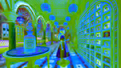 Alice standing in a hall with a row of locked doors, holding a tiny golden key, with a glass table and a bottle labeled 'Drink Me