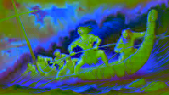 Dramatic scene of Māui and his brothers struggling with the enchanted fishing line aboard their waka.