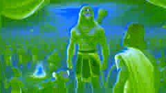 Hanuman se presenta ante Rama y su ejército, preparado para embarcarse en su travesía en busca de la hierba Sanjeevani.