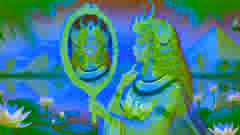 Hathor mirando en un espejo mágico junto al Nilo, rodeada de exuberante vegetación y flores de loto.