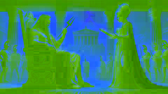  Zeus sits on his throne holding a thunderbolt as he argues with Hera during the Trojan War, with other gods watching.