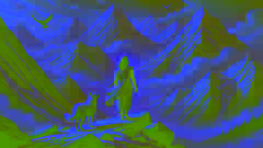 Yudhishthira subiendo por los Himalayas con un perro leal a su lado, simbolizando la realización espiritual.