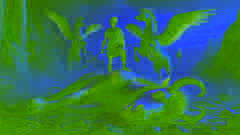 Bellerophon se tient victorieux au-dessus de la Chimère vaincue, avec Pégase à ses côtés, tandis que le ciel s'éclaircit après la bataille.