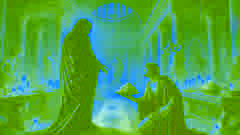 Sisyphus offers a feast to Thanatos, the god of death, in a grand hall with ancient Greek decor, setting up his deceit.