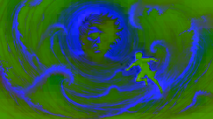 Amaru se sumerge en un remolino giratorio, extendiendo la mano hacia una visión llena de tristeza de su padre en las turbulentas aguas.