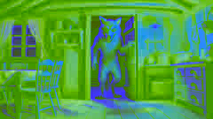The Wolf stands at the doorway, his paws covered in white flour to resemble Mother Goat's. His menacing grin contrasts with the kids' fearful and confused expressions.