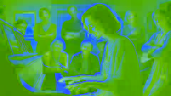 Frances plays piano calmly, smiling, surrounded by friends and family in a warm, cozy living room.
