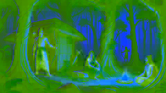 Rama, Sita und Lakshmana leben im Exil in einem Wald. Rama steht wachsam und Lakshmana baut ein Feuer.