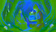 Chen Xiang treina com um mestre taoísta em uma floresta montanhosa, segurando a brilhante Lanterna de Lótus entre árvores centenárias.