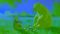 Taylor se sienta en silencio con un oso, quien le sugiere que expresen su enojo.