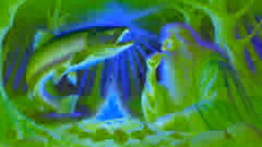 Fionn mac Cumhaill experiencing wisdom after touching the Salmon of Knowledge, surrounded by a mystical forest.