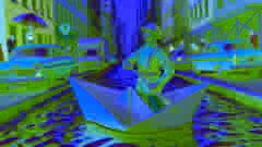 El soldadito de plomo navegando por la corriente de la cuneta en un barco de papel.