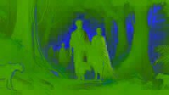 Sunjata Keita y su madre en el exilio, caminando a través de un denso bosque con algunos leales seguidores bajo la luz de la luna.