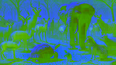 Ijapa listening to a group of African animals, including an elephant, discussing a distant land.