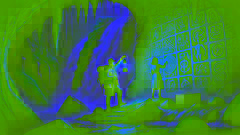 Rafael and Isabel discover a mysterious cave with ancient carvings illuminated by a lantern.