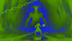 Arash, con un martillo resplandeciente, se enfrenta al demonio encadenado Ahriman en el interior de una vasta caverna helada en el Monte Damavand.