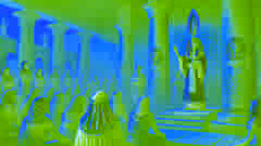 El faraón, con el símbolo de la pluma de Ma'at, se dirige a los egipcios en el patio de un templo.