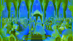 Rapunzel y el príncipe gobernando desde un gran salón del trono, rodeados de consejeros y súbditos.
