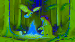 Der Blaue Adler entfacht ein kleines Feuer in einem dunklen Wald, um die schelmischen Geister zu vertreiben.
