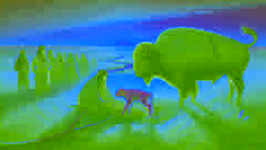 Un veau de bison blanc se tient près de sa mère sur les Grandes Plaines alors que les Lakotas observent avec émerveillement à l'aube.