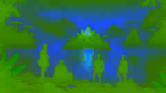 Rodrigo e seus homens contemplam um templo dourado em uma ilha no meio de um lago nebuloso.