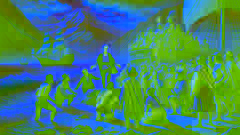 Andean villagers greet a foreign stranger on the shore, mistaking him for Viracocha.