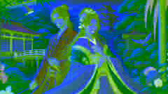 Genji y la Dama Rokujo en un dramático entorno de jardín.