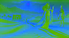 Determined goddess Isis begins her journey through the desert, stepping forward against sand dunes and a blazing sun